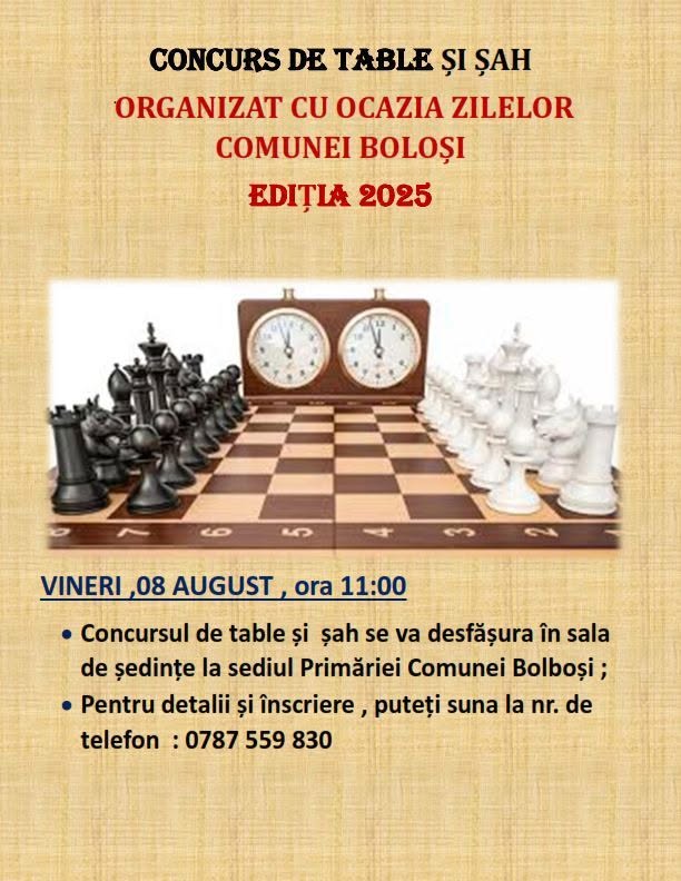 concurs șah Bolboși, concurs table Bolboși 2025, Zilele Comunei Bolboși, evenimente culturale Gorj, activități recreative în comunitate, șah și table în Gorj