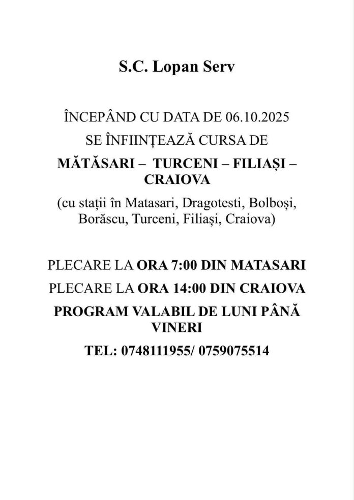 transport Mătăsari Craiova, Lopan Serv curse, program transport Gorj, rută Filiași Craiova, curse Turceni Craiova, navetiști Gorj Dolj